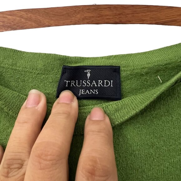 Trussardi Jeans Womens Green Wool Logo Spellout Boatneck Sweater Size Medium - Picture 5 of 5